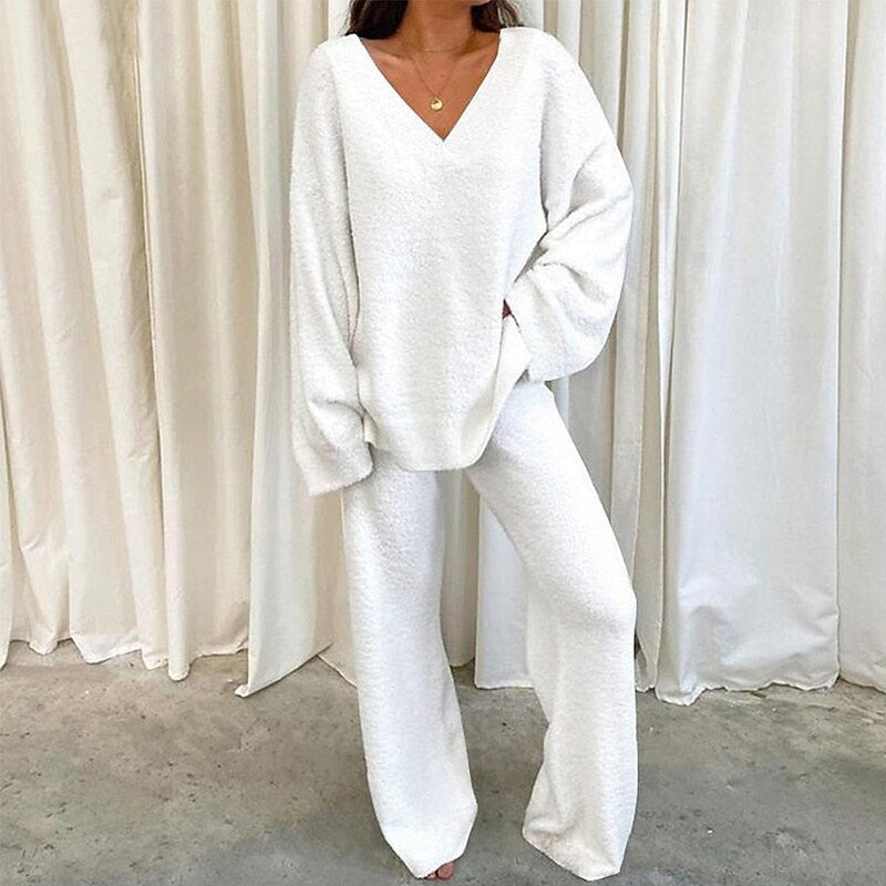 MULANA™ - Chic V-Neck Top and Wide Leg Pants Set